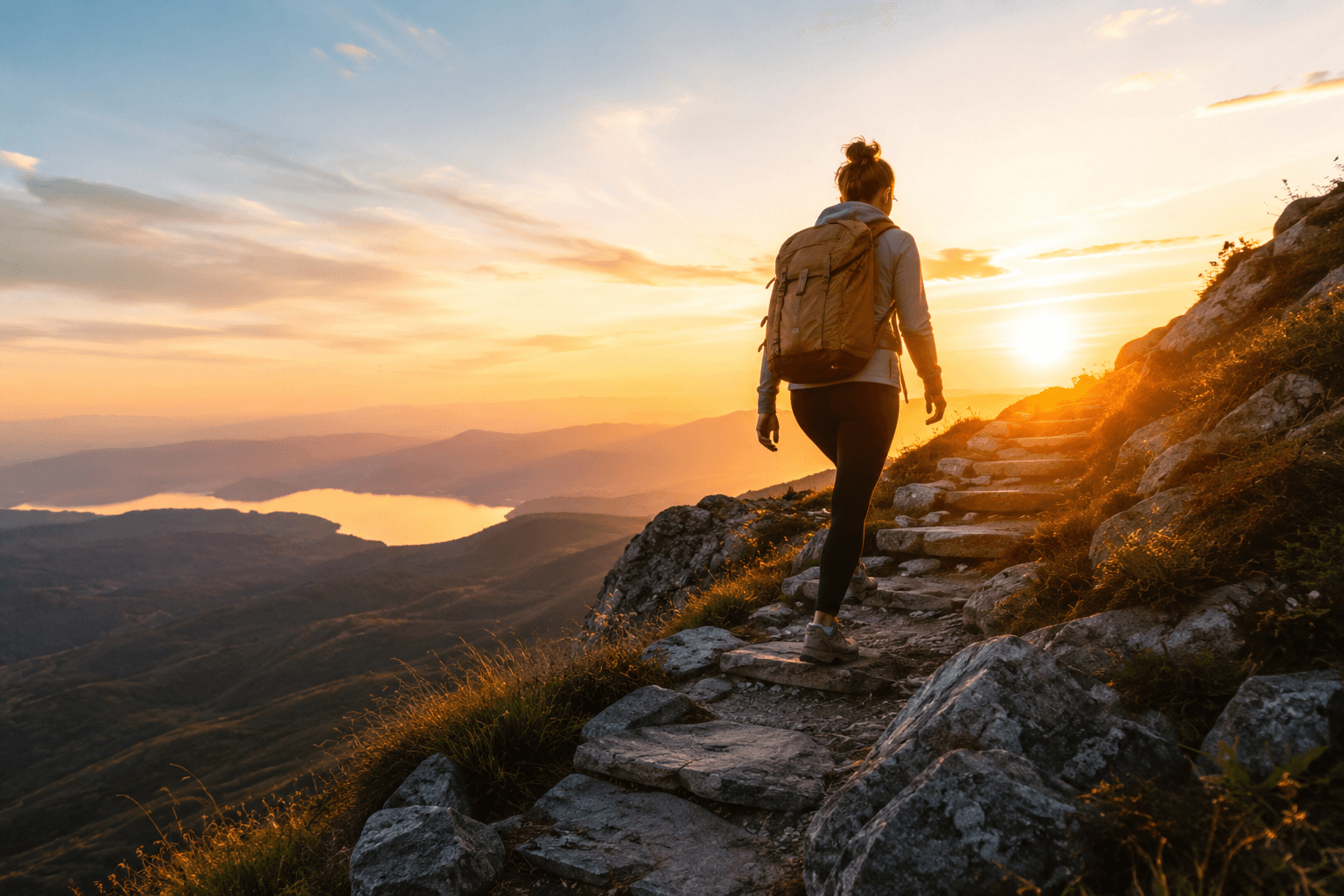 A woman walking toward sunrise on a mountain path